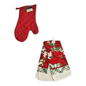 Lot of 2 Christmas Holiday Kitchen Home Decor Oven Mitt & Poinsettia Hand Towel